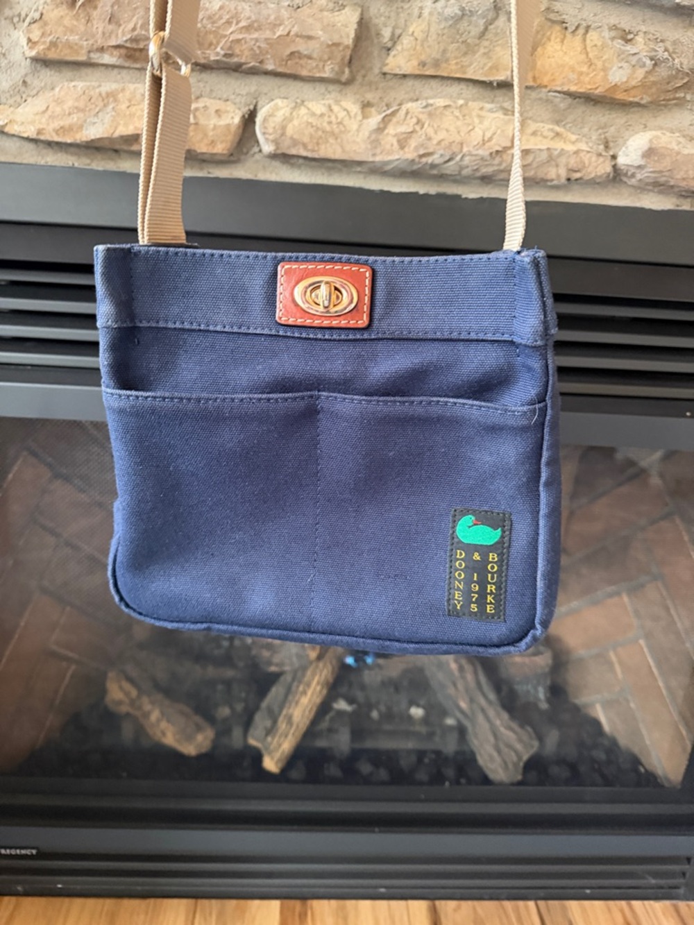Dooney & Bourke Navy Canvas Messenger with Tan Strap and Brown Trim - Picture 2 of 8